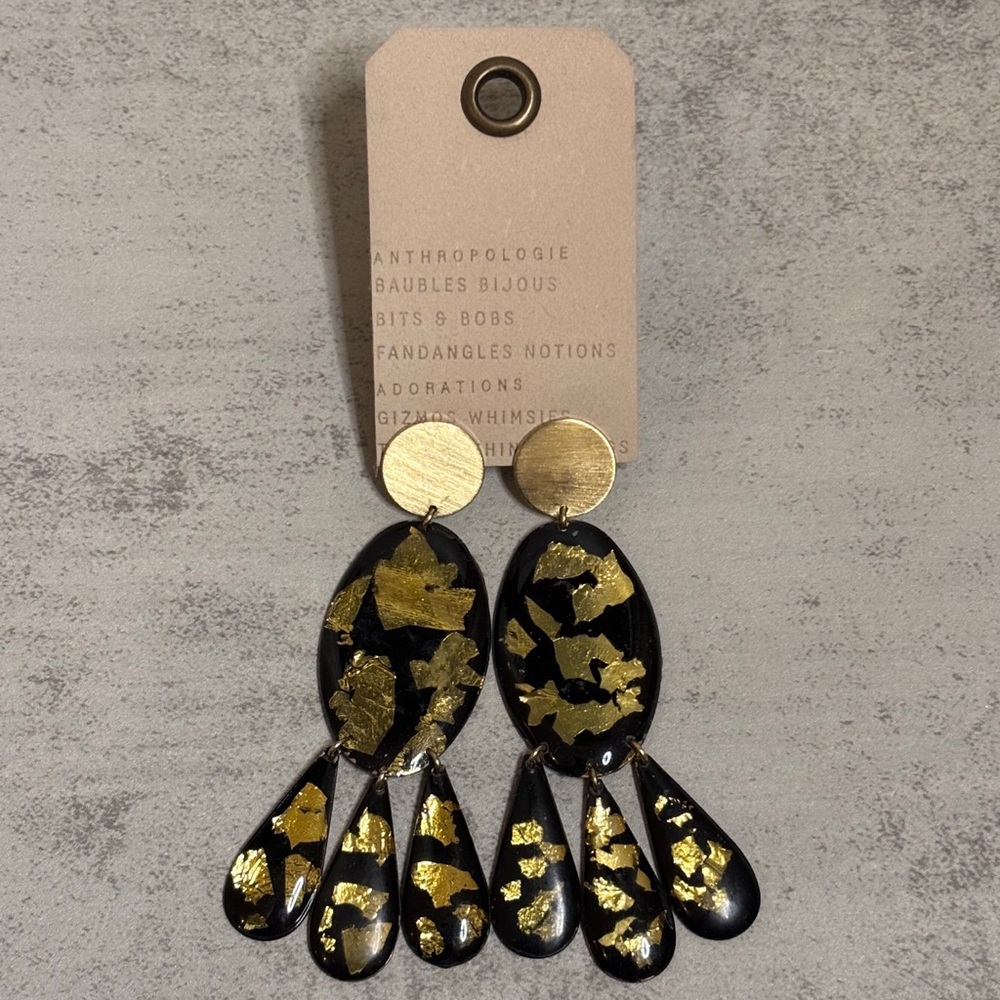 Anthropologie Judy Gold Flake Black Metal Drop Earrings
